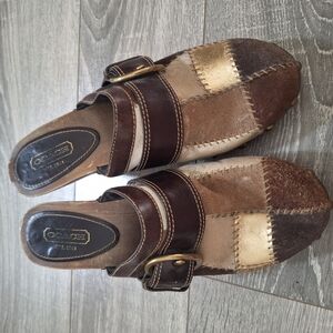 Coach Patchwork Clogs Brown and Gold